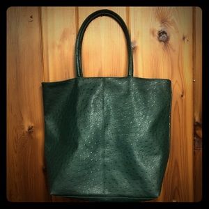 Simulated ostrich leather tote in forest green